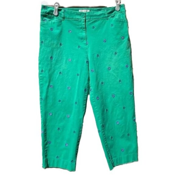 TALBOTS Capri Pants Cropped Green Shells Starfish Embroidered‎ Stretch Womens 10 - Picture 1 of 12